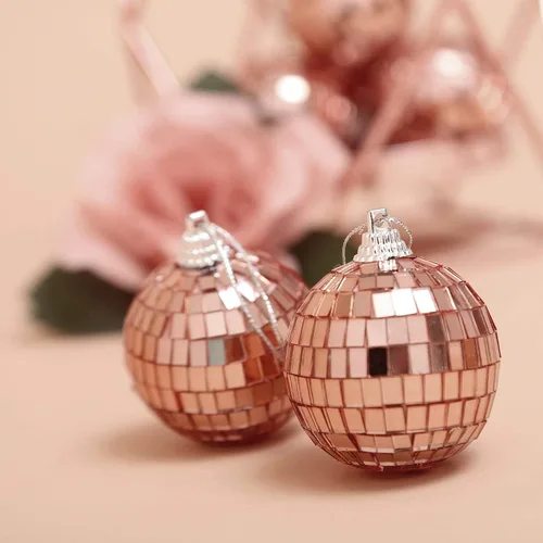 Vista 4 de 6 bolas de cristal de 2 pulgadas de ancho de oro rosa para colgar para fiestas, bodas, eventos, cumpleaños, adornos de Navidad