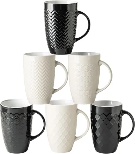 Vista 13 de AmorArc Juego de 6 tazas de café extragrandes de cerámica de 20 onzas con patrones geométricos texturizados para café, té, cerveza, cacao caliente