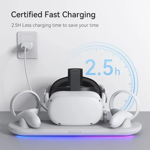 Vista 3 de KIWI design Base de carga compatible con accesorios Quest 2 soporte de carga QC01 RGB VR 17 luces RGB y carga rápida de 25 horas