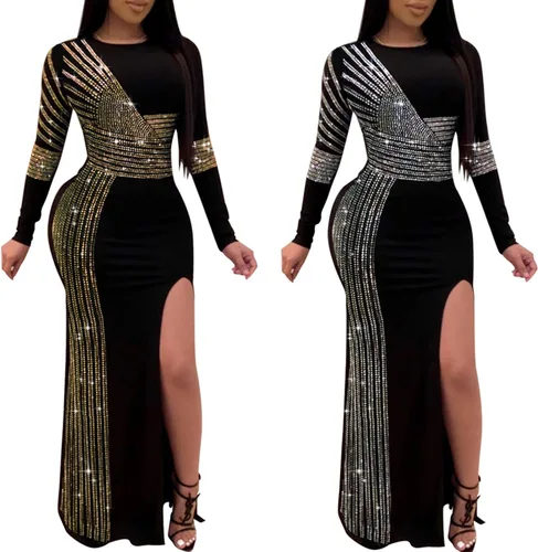 Vista 3 de Vestidos de noche de cumpleaños sexy para mujer, con pedrería brillante y mangas largas ideal para club nocturno y fiesta