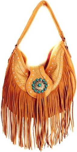 Vista 2 de Western Cowgirl Oculto llevar franja Concho ágata bolso Hobo hombro bolso con cartera a juego en marrón