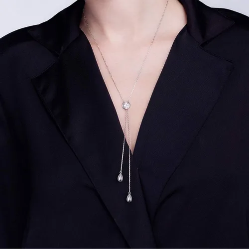 Vista 2 de FLYOW Collar de cadena larga de plata de ley con forma de lágrima en Y Lariat, collar de suéter de declaración, collares de Navidad, regalos