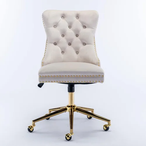Vista 6 de Silla de escritorio de terciopelo, silla de tocador de altura ajustable con ruedas, cómoda silla de escritorio con respaldo de ala, ribete