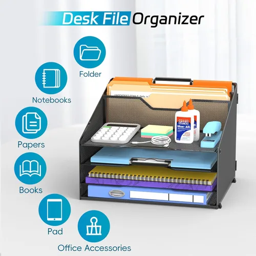 Vista 3 de Organizador de archivos de escritorio, organizador de papel con 4 bandejas de letras y 2 secciones verticales verticales, organizadores de Negro