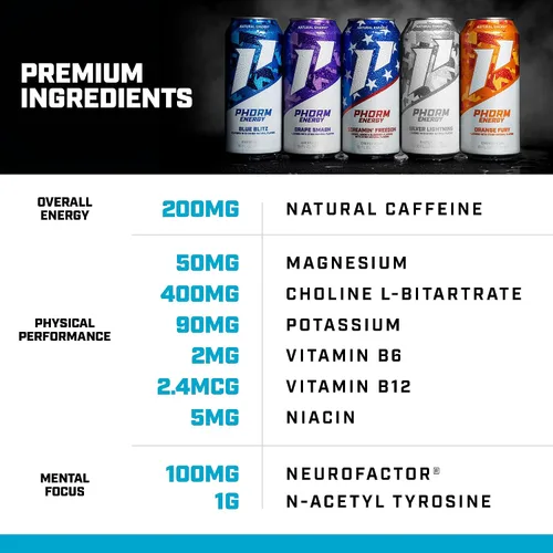 Vista 9 de PHORM ENERGY - Bebida energética, Blue Blitz, sabor a frambuesa azul, 200 MG de cafeína natural de té verde, sin azúcar, bebida carbonatada