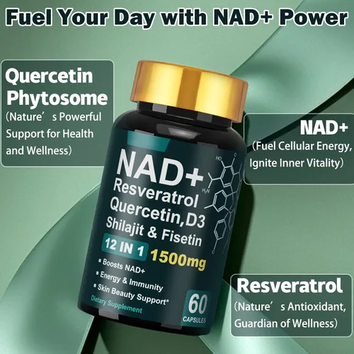 Vista 4 de Dr.HR NAD+ Resveratrol Vitamina D3 Quercetina y Fisetina, Suplementos NAD antienvejecimiento 1500mg para mujeres y hombres Apoya la energía