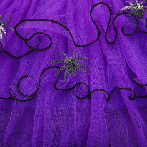 Vista 6 de Disfraz de bruja de Halloween de manga corta con encaje de araña tutú de tul vestido de fiesta de Halloween Morado
