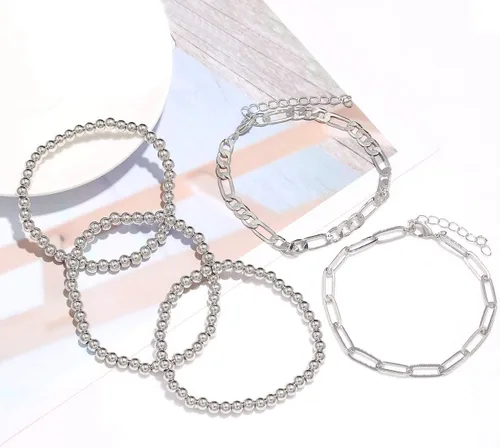 Vista 4 de Pulseras de cuentas para mujer apiladas elásticas doradas plateadas pequeñas cuentas de bola delicadas pulseras de eslabones Figaro para él y ella