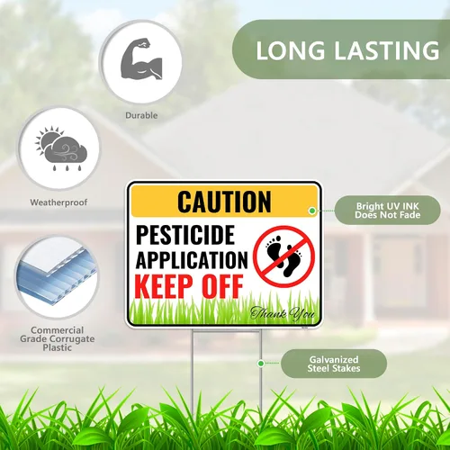 Vista 2 de Venicor Cartel de pesticidas con estacas de metal, 12 x 9 pulgadas, plástico corrugado, banderas de pesticidas para césped, aplicación de pesticidas
