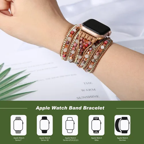 Vista 5 de Pulsera bohemia de 5 envolturas compatible con Apple Watch Band con cuentas para mujeres y hombres, 1.496 pulgadas/1.575 pulgadas/1.614 pulgadas