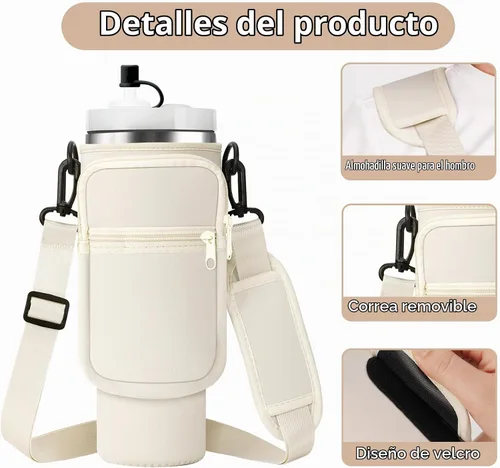 Vista 6 de AceTreker Bolsa de transporte para botella de agua con correa para vaso Stanley de 40/30 onzas, funda aislante de neopreno con bolsillo para 01-Crema