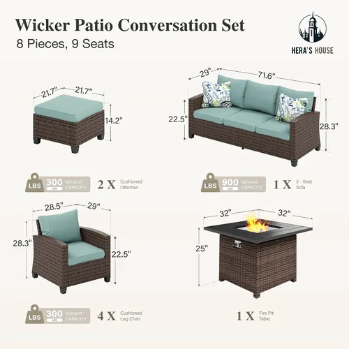 Vista 99 de HERA'S HOUSE - Juego de muebles para patio con mesa para fogata, muebles de mimbre para exteriores, sofá de conversación con asientos profundos