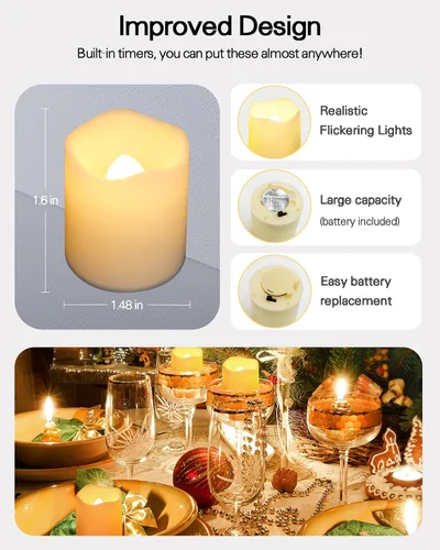 Vista 4 de SHYMERY Velas votivas sin llama con temporizador, paquete de 12 velas LED parpadeantes que duran 15 días, 18 horas de apagado en 24 horas, velas