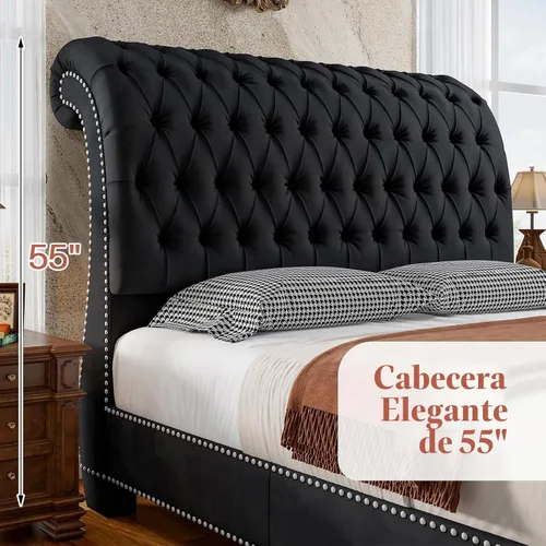 Vista 3 de Jocisland - Base de cama estilo carruaje tamaño Queen, cama de plataforma tapizada en terciopelo con cabecero y pie de cama con estampado de scroll