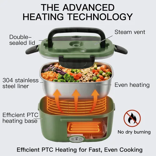Vista 4 de MEGAWISE Fiambrera eléctrica de 1.5 L con recipiente de acero inoxidable 304, lonchera 3 en 1 para adultos, calentador de alimentos para automóvil