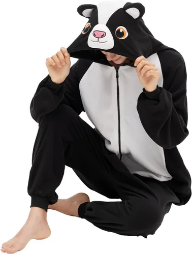 Vista 3 de Pijama de skunk para adultos, disfraz de skunk para cosplay, disfraz de animal de Halloween, mono de una pieza para hombres y mujeres