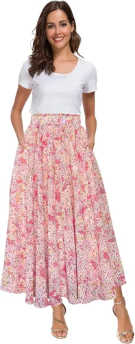 Vista 14 de Afibi Falda de gasa con estampado floral de cintura alta para mujer, estilo swing, de playa, midi, larga con bolsillos Negro
