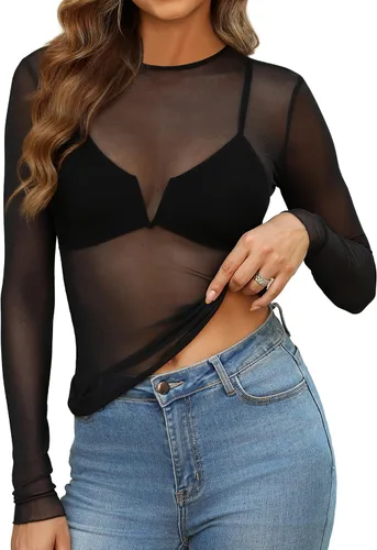 Vista 22 de OFEEFAN - Blusas de malla para mujer con manga larga y encaje, camisetas de cuello redondo ajustadas y transparentes Champán