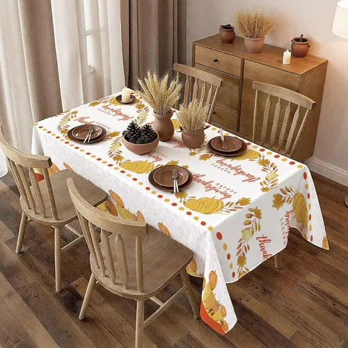 Vista 4 de ATFUNSHOP Mantel de Acción de Gracias, paquete de 2 manteles desechables de 54 x 108 pulgadas, suministros para fiestas, calabazas, hojas de otoño