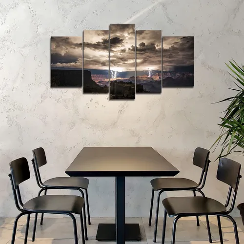 Vista 3 de So Crazy Art® Cuadros para pared de 5 unidades, diseño: rayos en el Gran Cañón y nubes oscuras, imágenes impresas en una lona, imagen decorada