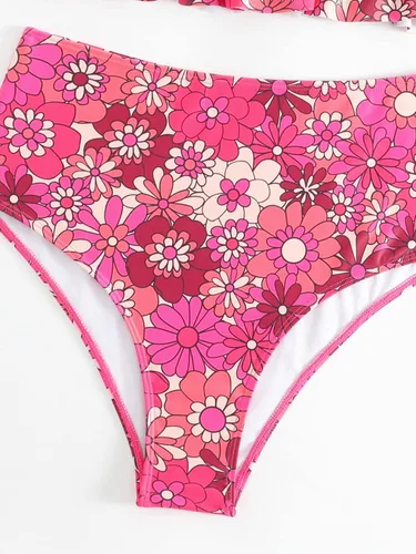 Vista 5 de WDIRARA Conjunto de 2 piezas para mujer, tankini con estampado floral, dobladillo fruncido con volantes, conjunto de bikini