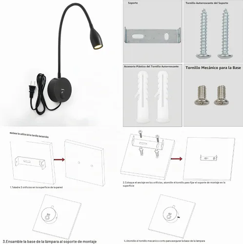 Vista 6 de Luz LED de lectura de pared con puerto de carga USB, interruptor regulable táctil, lámpara de noche de cuello de cisne, brazo flexible, 3 W
