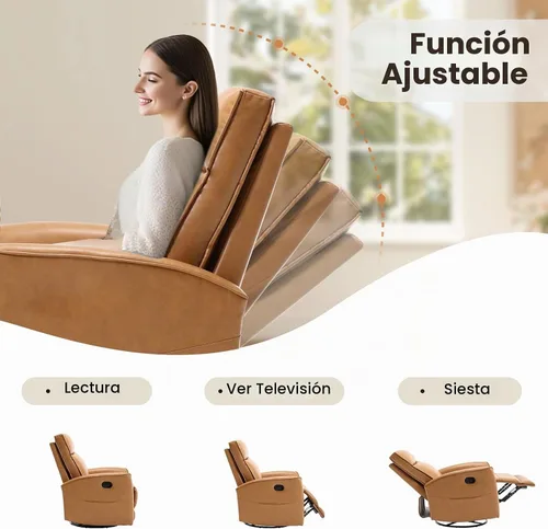 Vista 6 de CANMOV - Silla reclinable de piel sintética, silla reclinable giratoria de 360°, reclinable manual para espacios pequeños, sala de estar Marrón