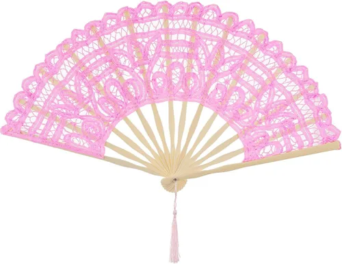 Vista 12 de BABEYOND - Abanico plegable de encaje de algodón con bordado, abanico de mano nupcial con astas de bambú para decoración de boda, baile y fiesta