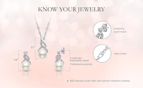 Vista 6 de MAX + STONE Juego de joyas de perlas de plata de ley con diamantes Pendientes y collar de perlas de agua dulce para mujer Juego de collar y aretes
