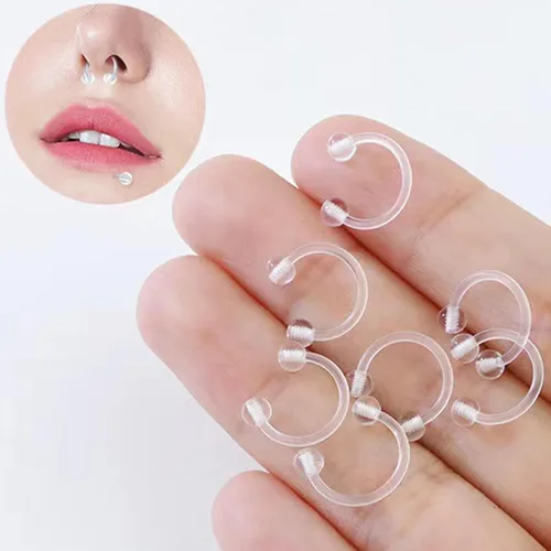 Vista 5 de Retenedores de oreja de aro de plástico unisex antialérgicos, anillos de nariz transparentes con dorso de bola de tornillo, para orejas sensibles