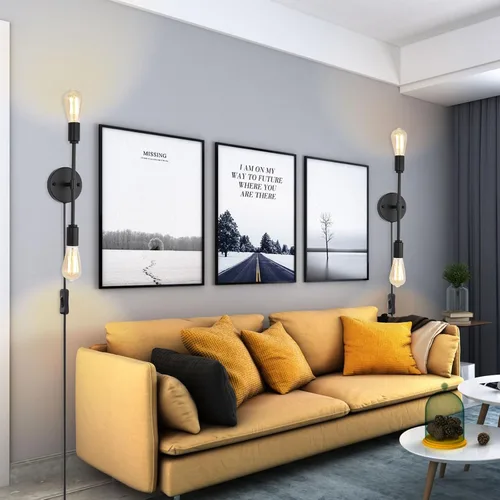 Vista 6 de Lámparas de tocador de baño negras de 2 luces, modernas lámparas de pared industriales con cable de interruptor de encendido/apagado, juego de dos