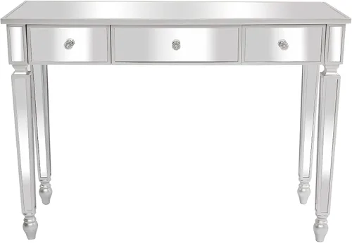 Vista 10 de Moderna mesa de consola plateada con espejo con 2 cajones de almacenamiento, escritorio rectangular de tocador, mesa de tocador de maquillaje