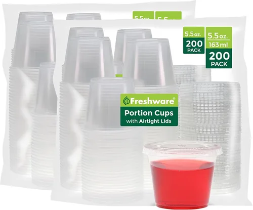 Vista 12 de Freshware Vasos de plástico para porciones con tapas [4 onzas, 200 juegos] vasos de plástico desechables para preparación de comidas, aderezos