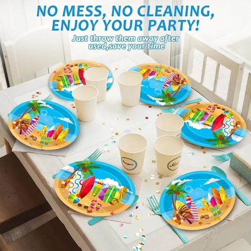 Vista 6 de Qyeahkj 50 piezas de platos de papel ovalados de surf de verano grandes de 11" para decoración de fiesta temática de playa desechable suministros