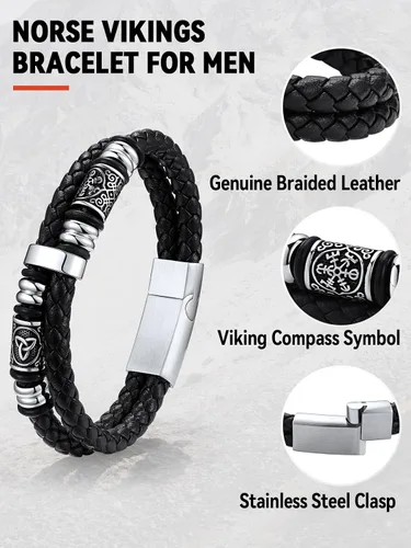 Vista 5 de FaithHeart Pulsera vikinga para hombre, pulsera de cuero trenzado de doble fila con cierre de acero inoxidable, brújula vikinga, pulsera vintage
