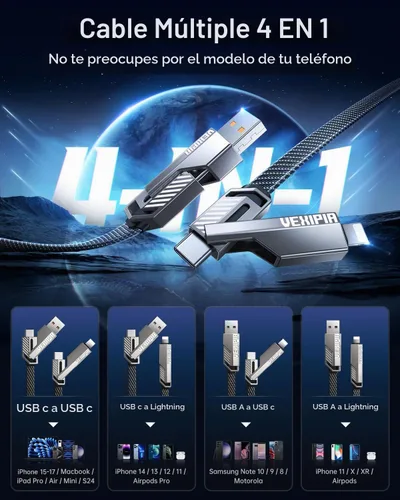 Vista 2 de Cable USB C ultra corto 4 en 1 de 0.6 pies compatible con cable Lightning [carga rápida y transferencia de datos] cable de carga plano trenzado