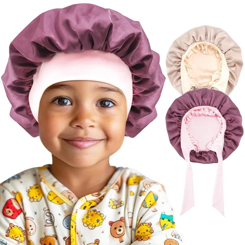 Vista 9 de Lolalet 2 piezas de cofias para niñas, cofia reversible de seda para dormir, cofia de satén con banda elástica ancha - Morado y Rosa A -Púrpura+Rosa