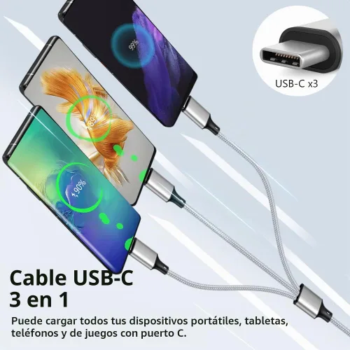 Vista 3 de Puxnoin Cable de carga múltiple, cable divisor USB C, cable de carga rápida 3 en 1 con 3 puertos macho tipo C compatible con teléfonos celulares