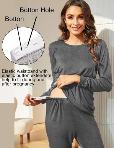Vista 2 de Ekouaer Conjunto de ropa interior térmica de maternidad y lactancia, conjunto de pantalones largos de punto a rayas, capa base superior e inferior