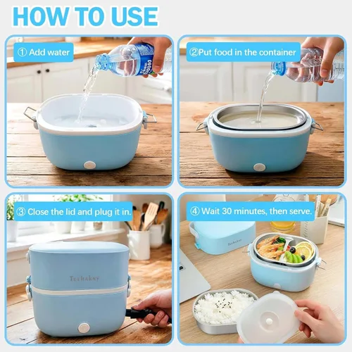 Vista 4 de Electric Cooking Lunch Box, 270W Portable Food Warmer 33.8 Oz, 304 Stainless Steel Inner Double-layer Design, Cool-touch Handle, One-key Start