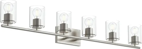 Vista 46 de Progress Lighting Lámpara moderna de tocador de baño de cristal blanco grabado con 4 luces, colección Replay, níquel cepillado (P2160-09)