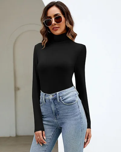 Vista 7 de Ficerd Paquete de 2 camisas de cuello alto para mujer, manga larga, cuello alto, ajustadas, suaves, elásticas, térmicas, básicas, sin botones