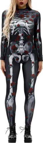 Vista 2 de Fixmatti - Disfraz de fiesta de Halloween para mujer, traje de manga larga con estampado de calavera