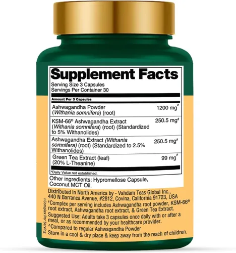 Vista 2 de VAHDAM Suplemento de Ashwagandha 1800 mg con extracto de raíz de Ashwagandha y L-Teanina Apoyo para el alivio del estrés, el estado de ánimo