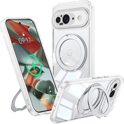 Vista 43 de 【Soporte magnético giratorio de 360°】 Funda para Google Pixel 8A 【Compatible con MagSafe y Pixelsnap】 Funda con soporte de anillo 【Transparente sin