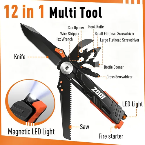 Vista 4 de ZOOI - Multiherramienta de bolsillo con iniciador de fuego LED, regalos de cumpleaños para hombres y él, herramientas de bolsillo 12 en 1