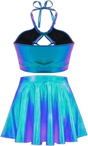 Vista 2 de Women's Rave Outfit Sets For Women Festivals 2 Pcs Metallic Tops long Skirt EDM Party Club Holographic Rave Outfits