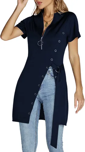 Vista 4 de Rooscier Blusa larga acanalada con cuello en V profundo y manga corta asimétrica dividida para mujer