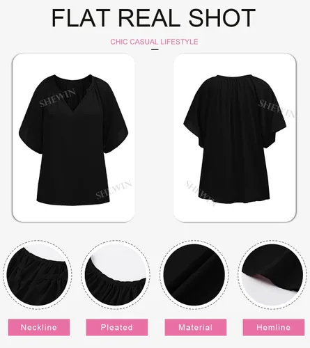 Vista 4 de SHEWIN Blusa casual de gasa con cuello en V para mujer, holgada, manga 34, plisada, holgada