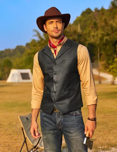 Vista 2 de COOFANDY Chaleco de cuero para hombre, estilo casual, estilo occidental, ligero, con cuello en V, chaleco